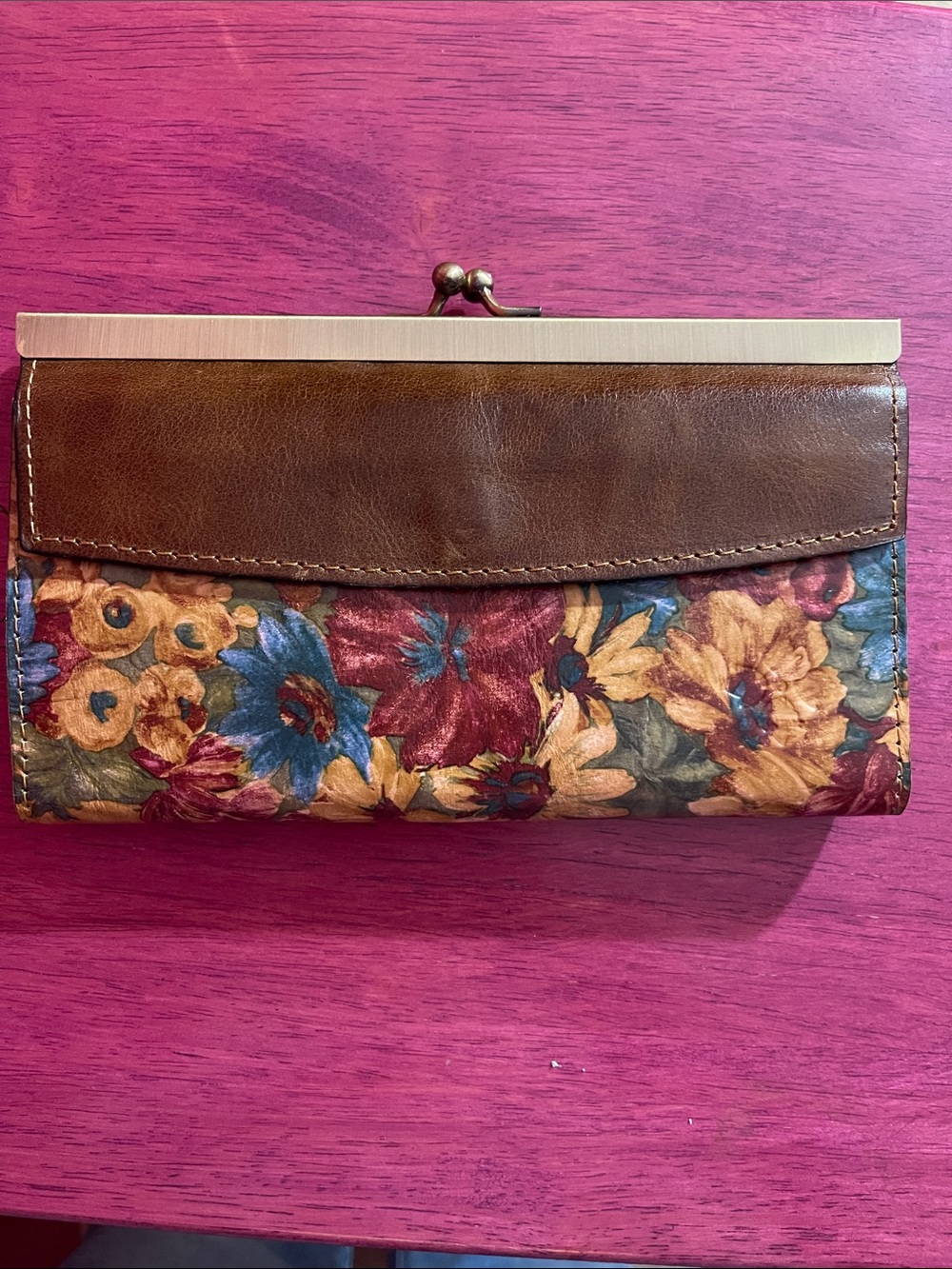 New Patricia Nash Floral Leather Kiss-Lock Wallet Clutch in Brown and Multicolor